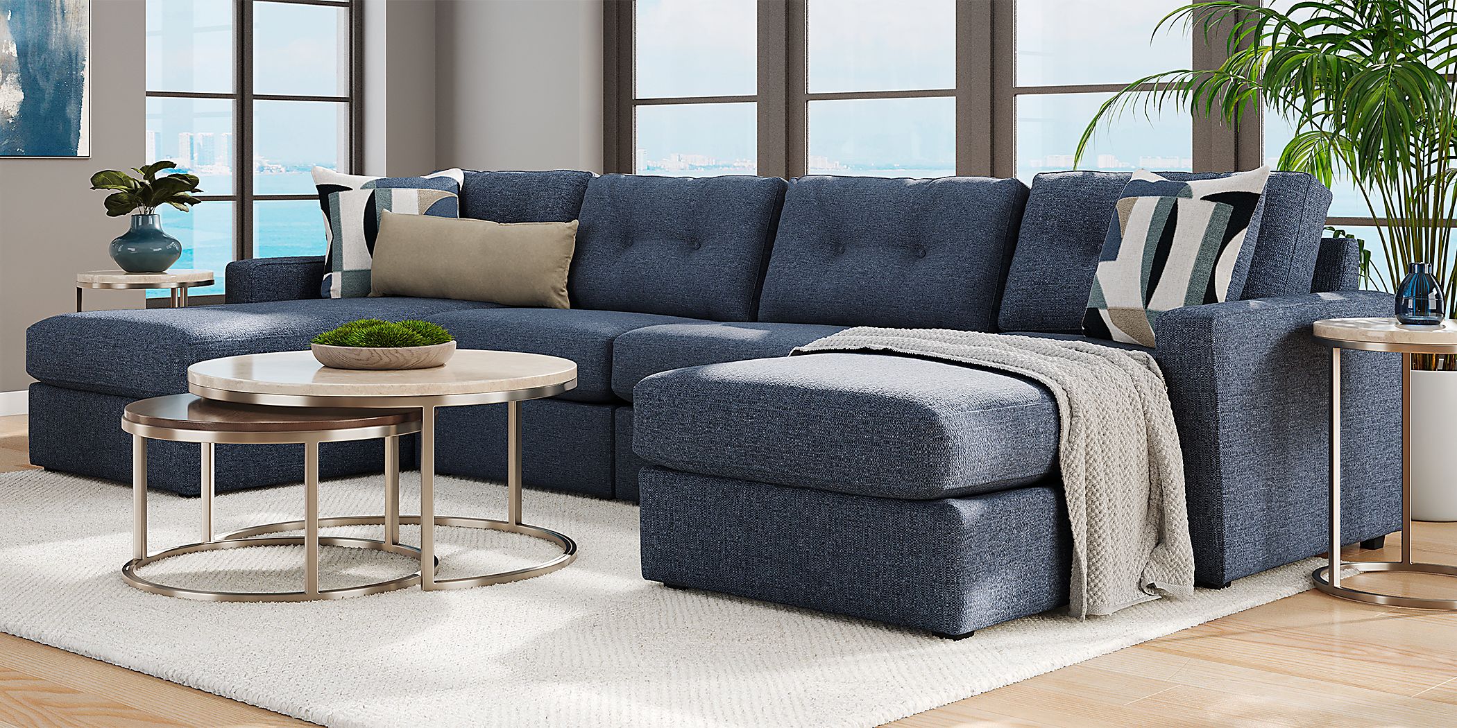 Drew & Jonathan Modularone Navy Blue Textured 4pc With Double Chaise 4 ...