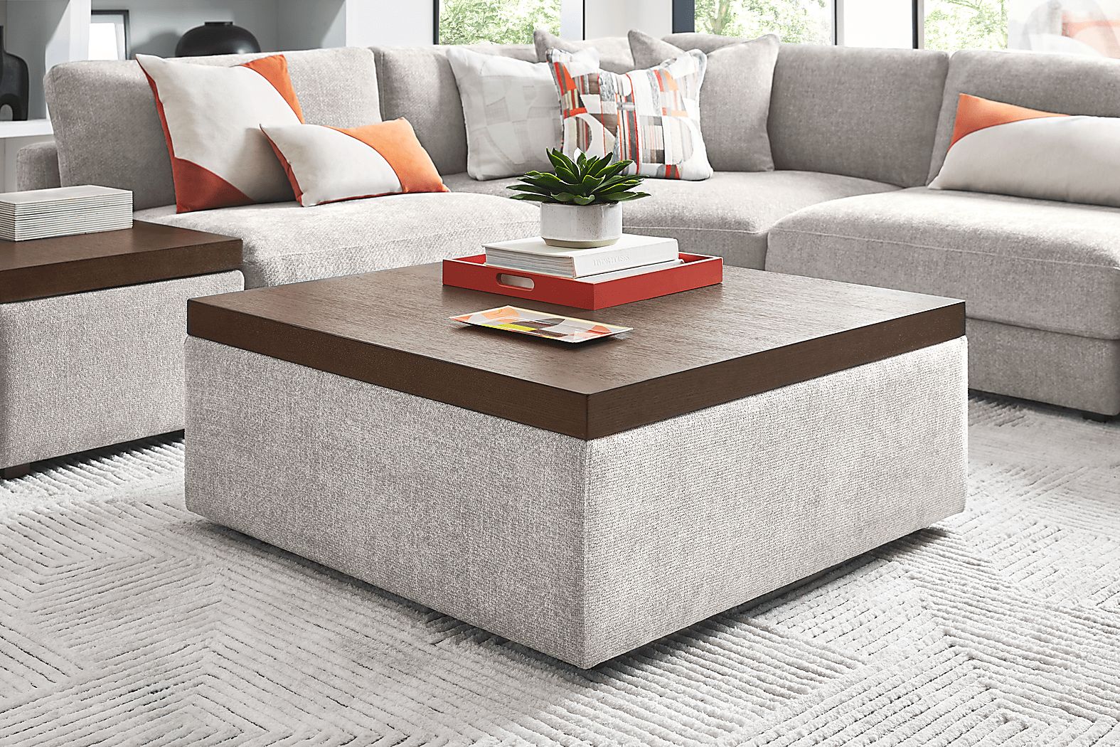 ModularThree Chestnut Finish Wood Top Gray Cocktail Ottoman - Thumbnail 2