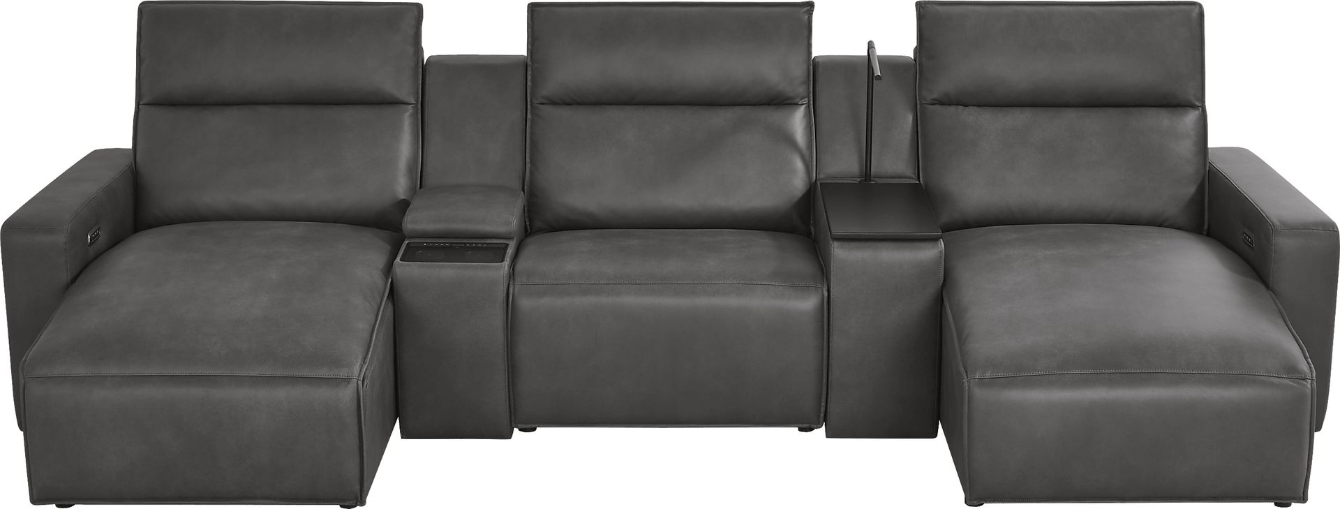ModularTwo Charcoal 5 Pc Dual Power Reclining Sectional with Media and Wood Top Consoles - Image 3