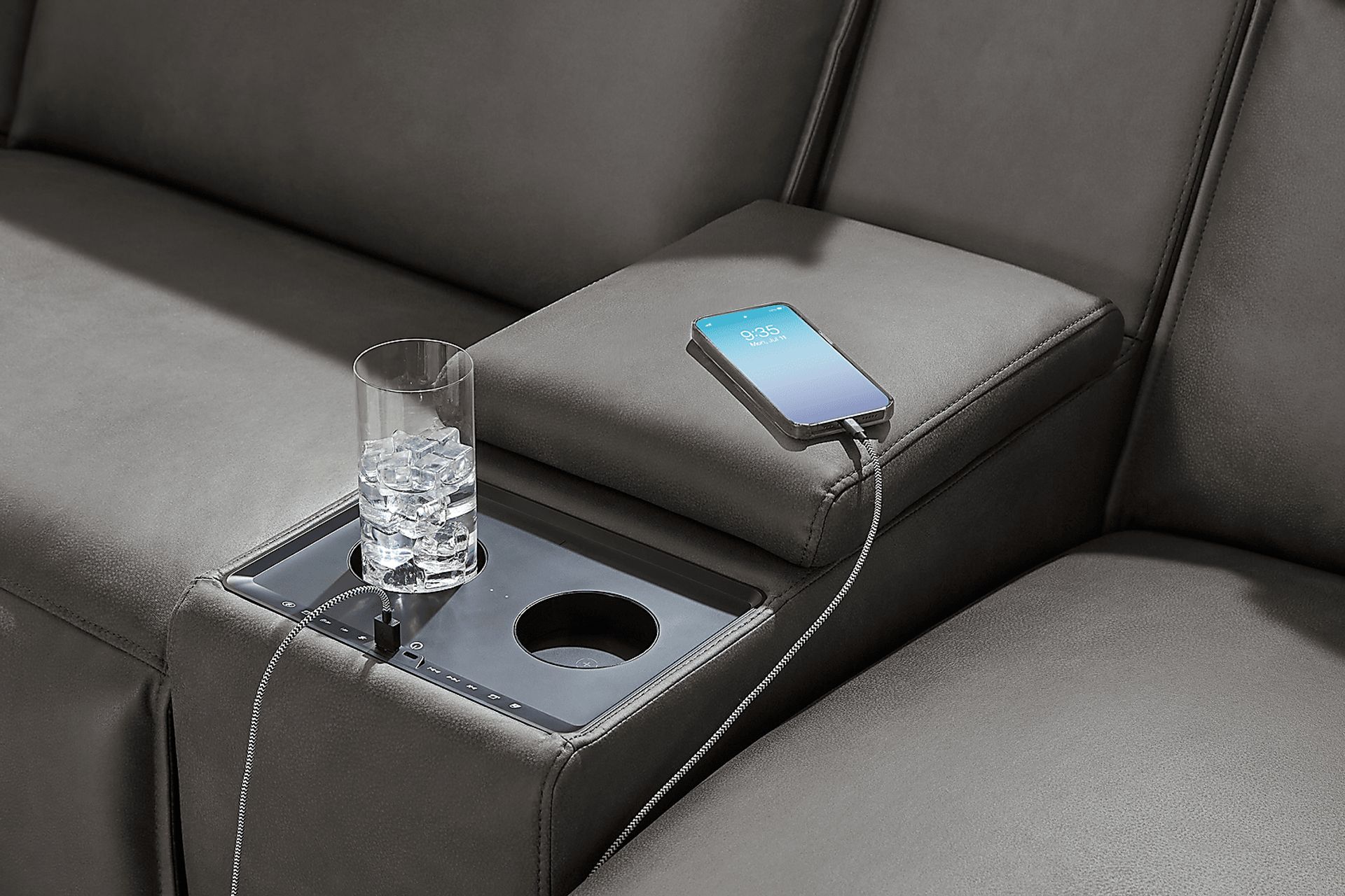 ModularTwo Charcoal 5 Pc Dual Power Reclining Sectional with Media and Wood Top Consoles - Image 5
