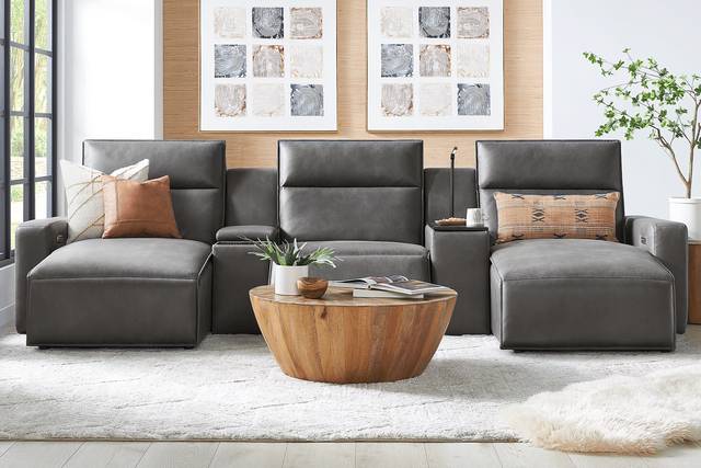 ModularTwo Charcoal 5 Pc Dual Power Reclining Sectional with Media and Wood Top Consoles - Thumbnail - Image 2