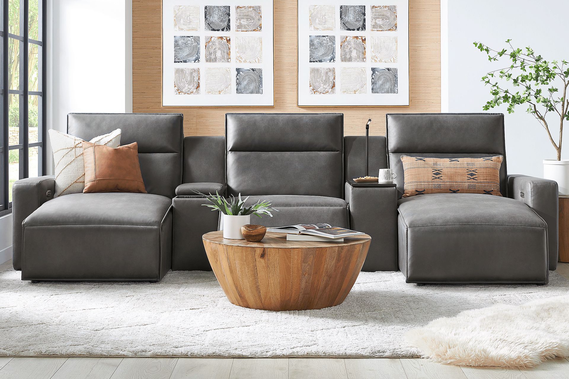 ModularTwo Charcoal 5 Pc Dual Power Reclining Sectional with Media and Wood Top Consoles - Image 2