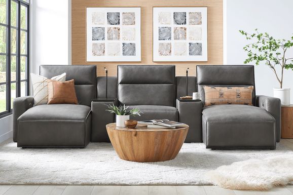 ModularTwo Charcoal 5 Pc Dual Power Reclining Sectional with Wood Top Consoles