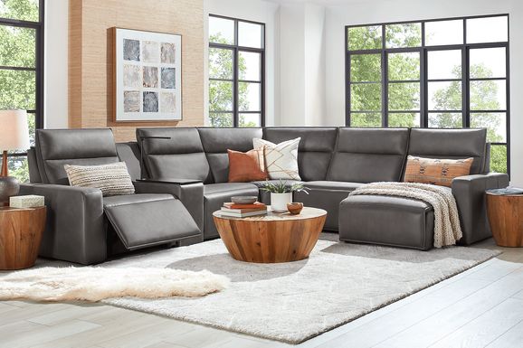 ModularTwo Charcoal 6 Pc Dual Power Reclining Sectional with Wood Top Console