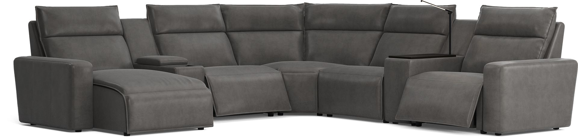 ModularTwo Charcoal 7 Pc Dual Power Reclining Sectional with Media and Wood Top Consoles - Image 3