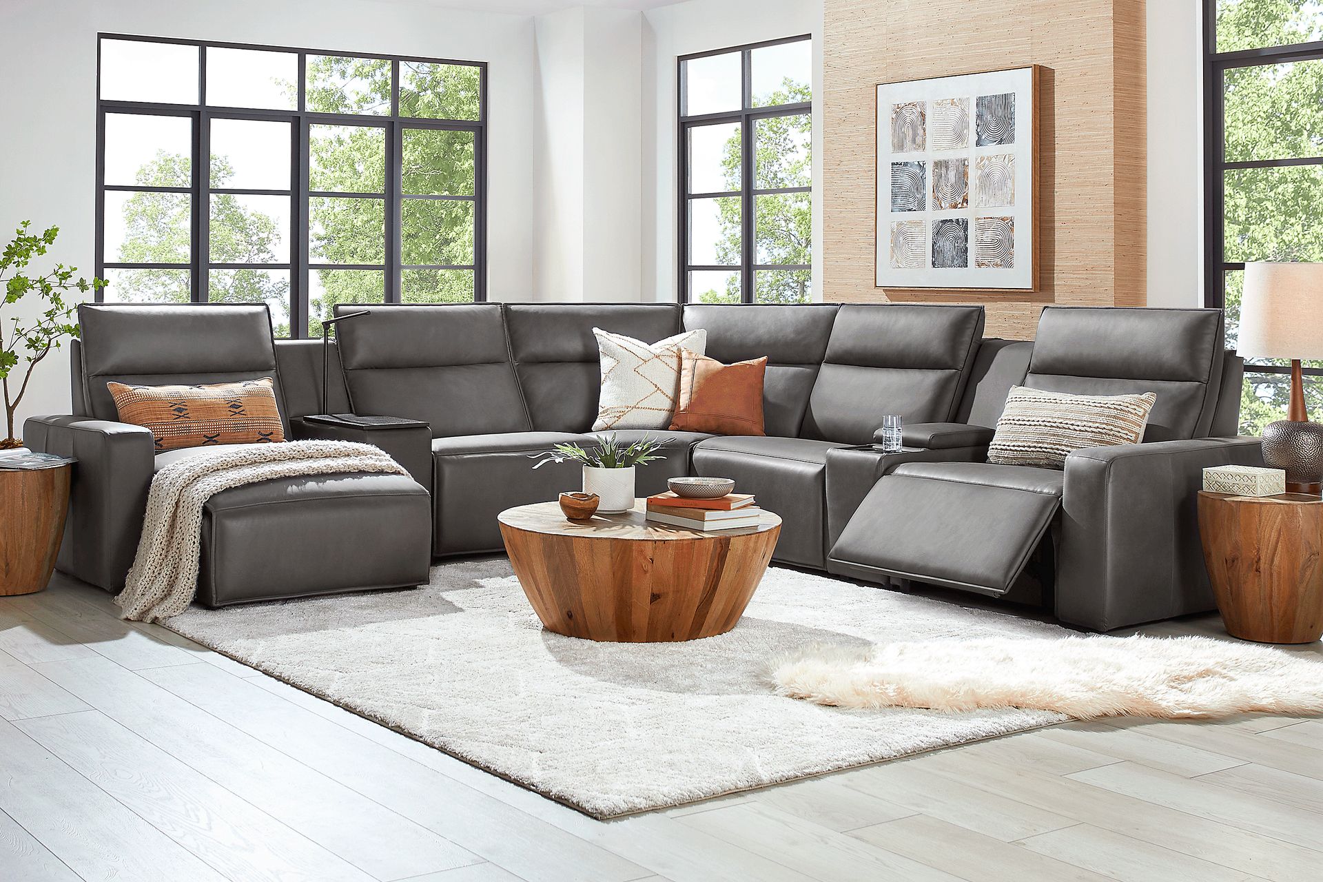 ModularTwo Charcoal 7 Pc Dual Power Reclining Sectional with Media and Wood Top Consoles - Image 2