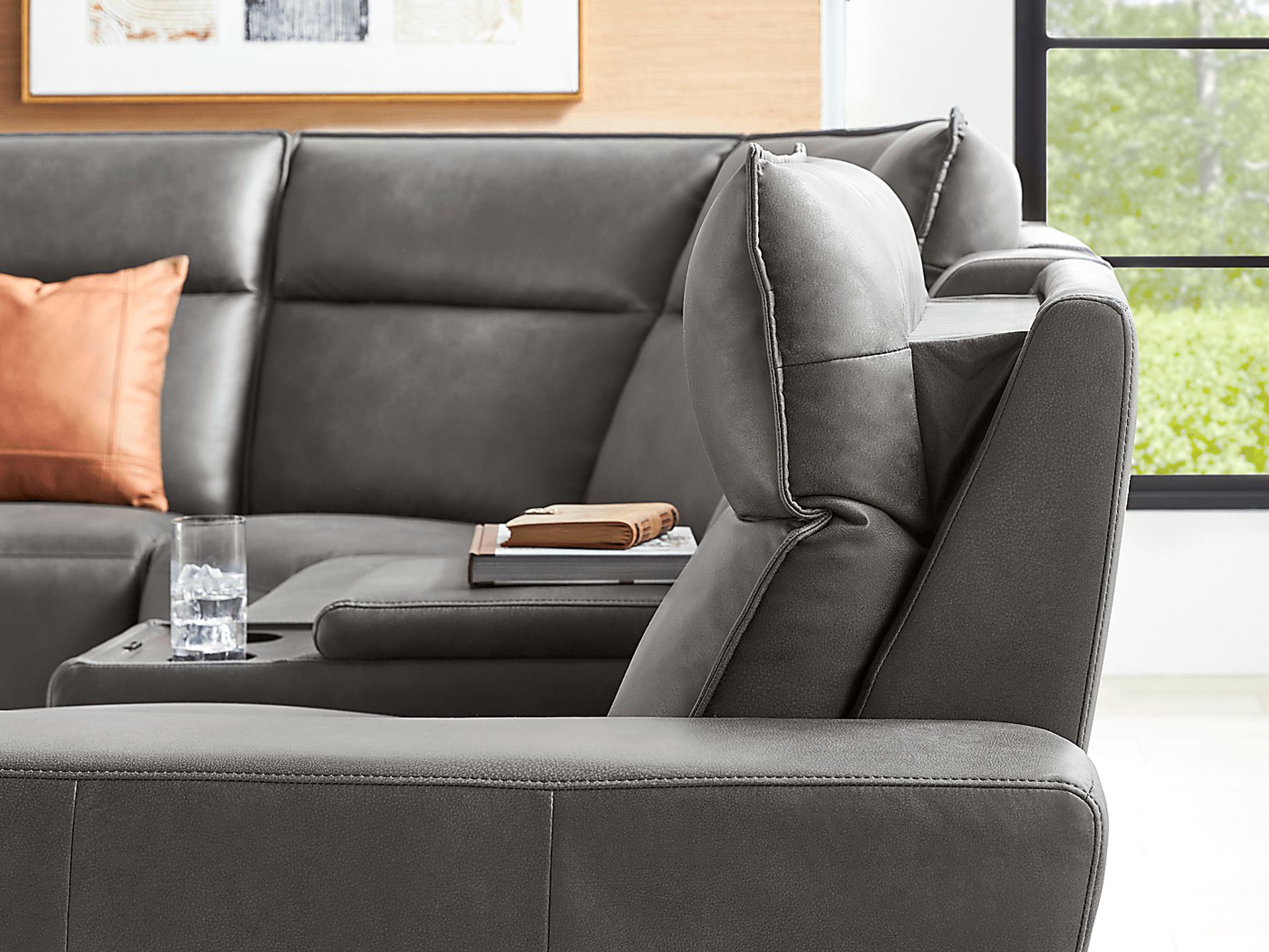 ModularTwo Charcoal 7 Pc Dual Power Reclining Sectional with Media and Wood Top Consoles - Image 8