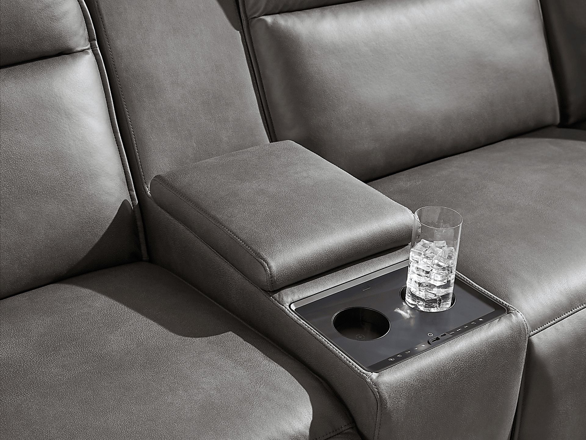 ModularTwo Charcoal 7 Pc Dual Power Reclining Sectional with Media and Wood Top Consoles - Image 11