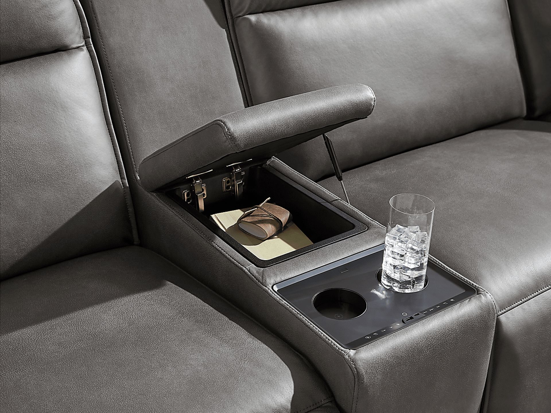 ModularTwo Charcoal 7 Pc Dual Power Reclining Sectional with Media and Wood Top Consoles - Image 12