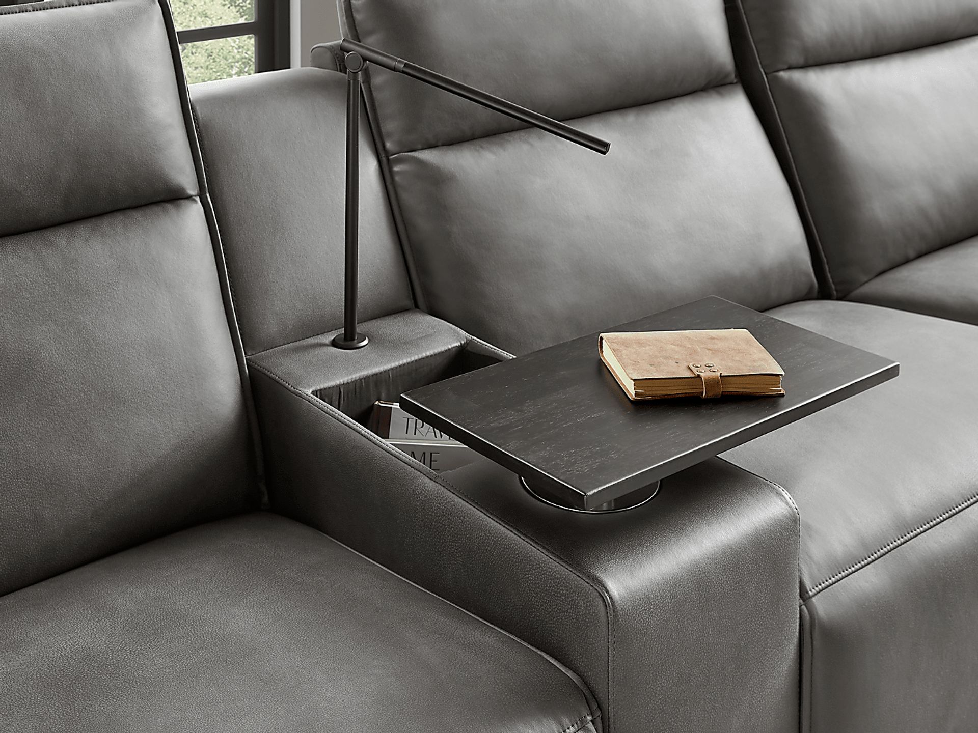 ModularTwo Charcoal 7 Pc Dual Power Reclining Sectional with Media and Wood Top Consoles - Image 6