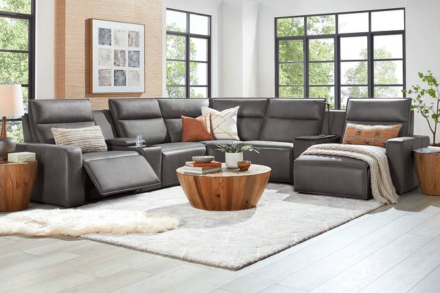 ModularTwo Charcoal 7 Pc Dual Power Reclining Sectional with Media and Wood Top Consoles - Thumbnail - Image 2