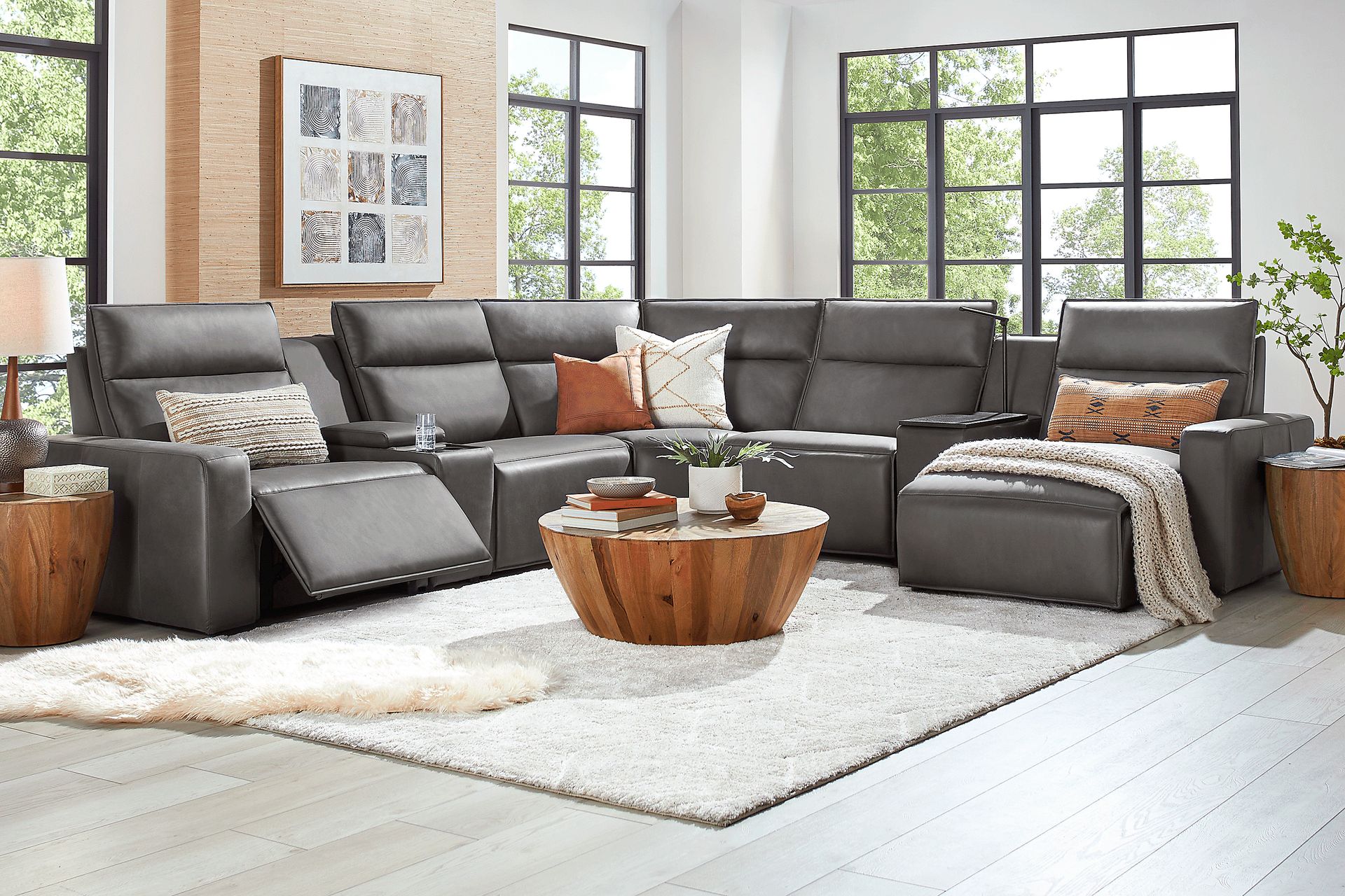 ModularTwo Charcoal 7 Pc Dual Power Reclining Sectional with Media and Wood Top Consoles - Image 2