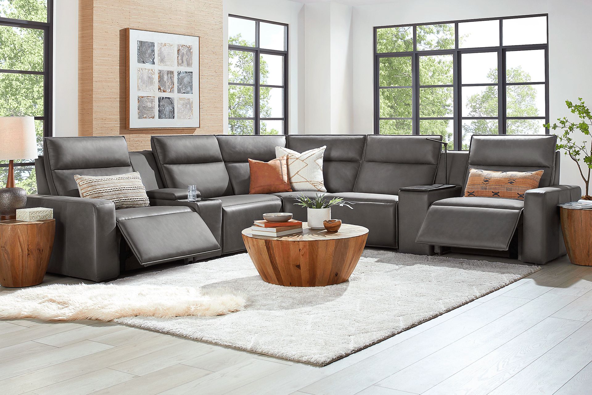 ModularTwo Charcoal 7 Pc Dual Power Reclining Sectional with Media and Wood Top Consoles - Image 2
