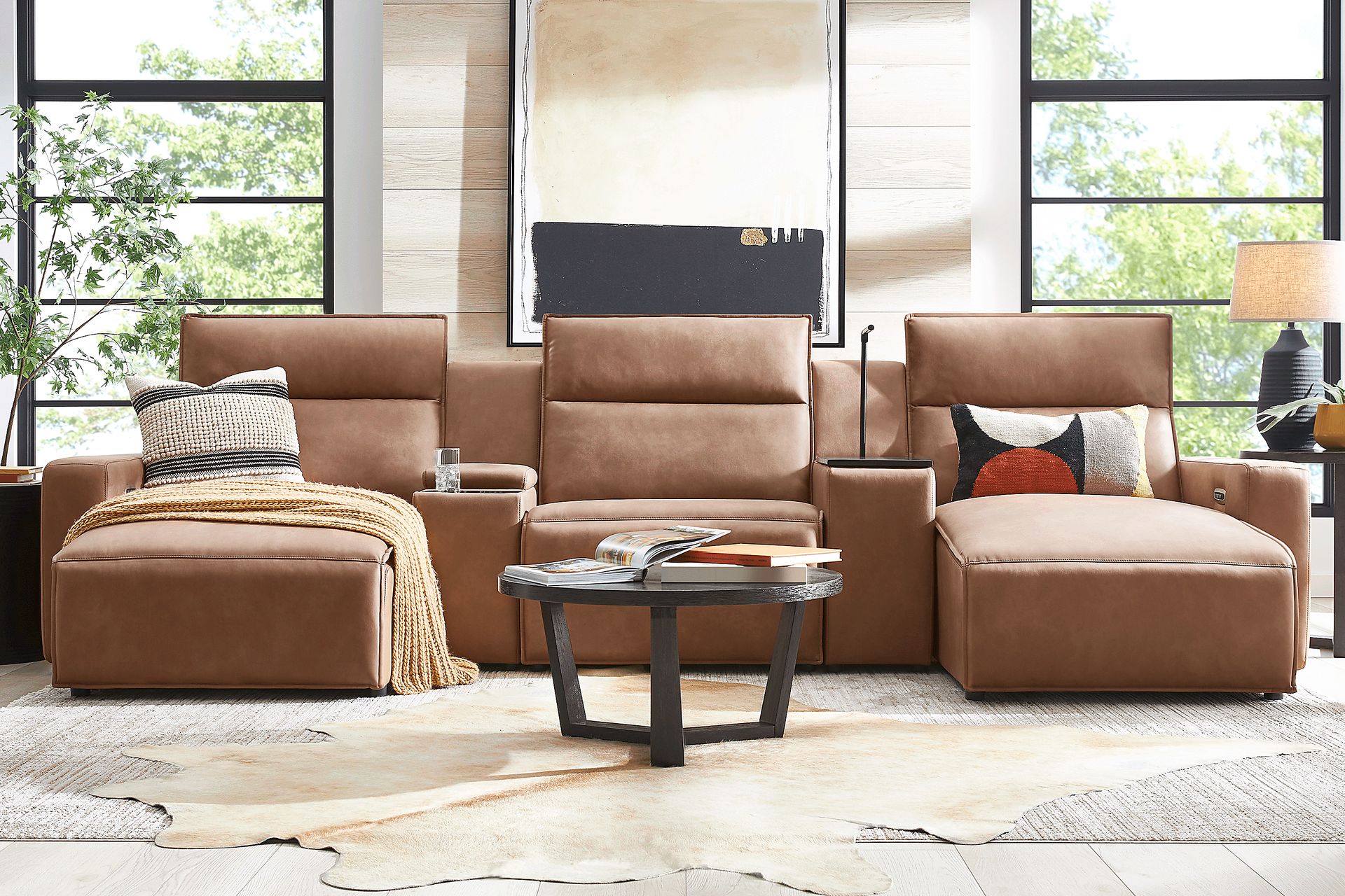 ModularTwo Saddle 5 Pc Dual Power Reclining Sectional with Media and Wood Top Consoles - Image 2