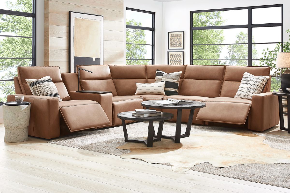 Modulartwo Saddle Brown Microfiber 6 Pc With Wood Top Console Dual