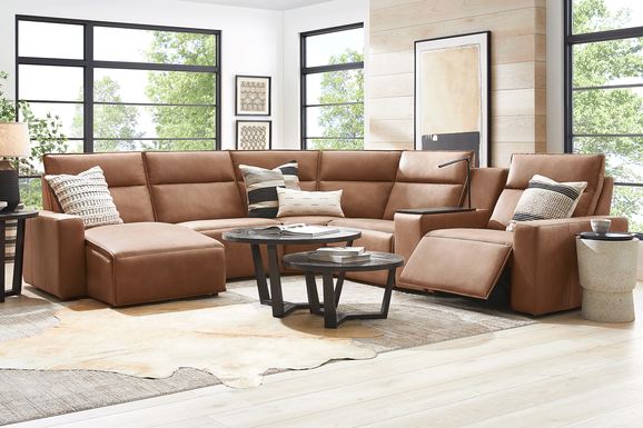 ModularTwo Saddle 6 Pc Dual Power Reclining Sectional with Wood Top Console