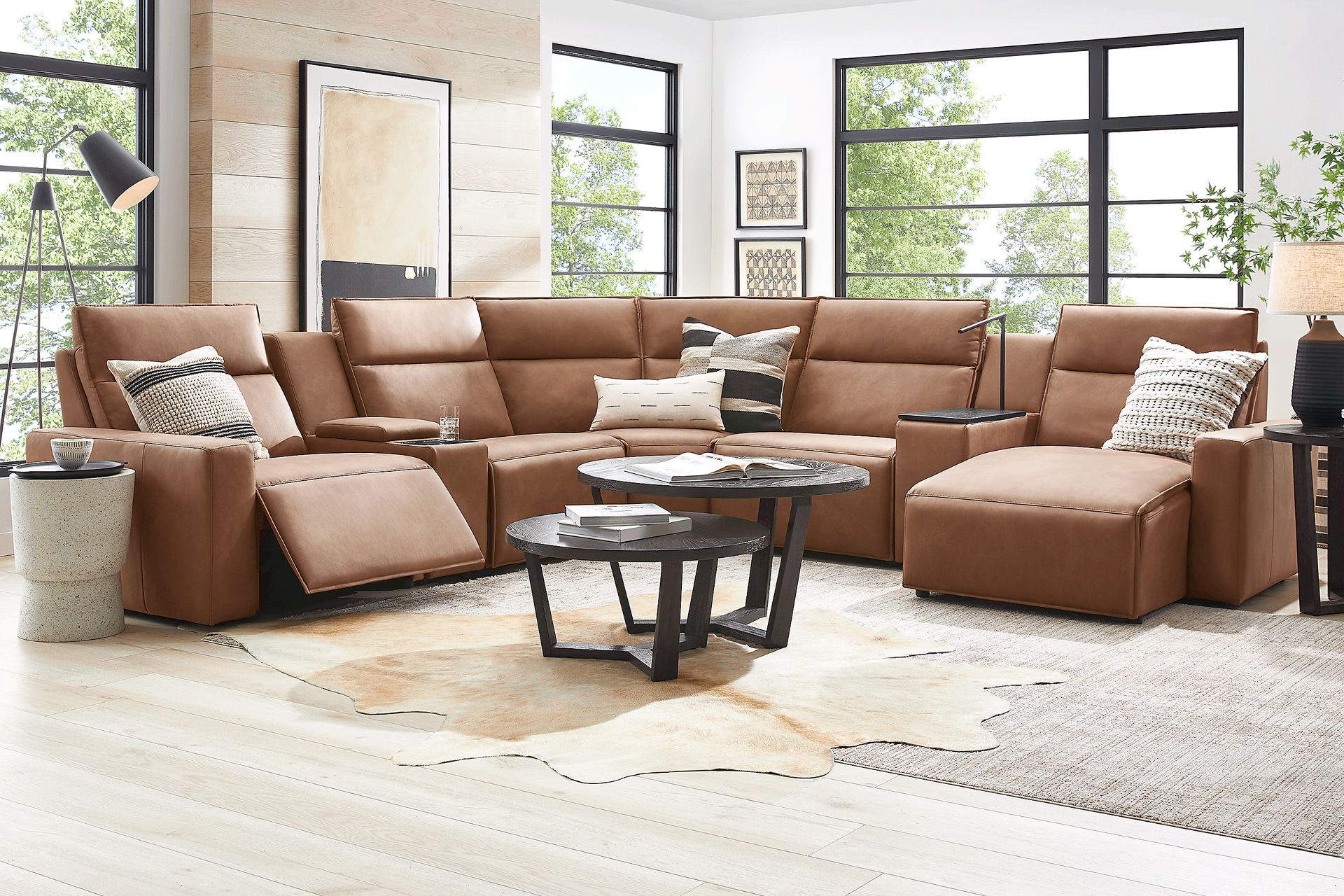 ModularTwo Saddle 7 Pc Dual Power Reclining Sectional with Media and Wood Top Consoles - Image 2
