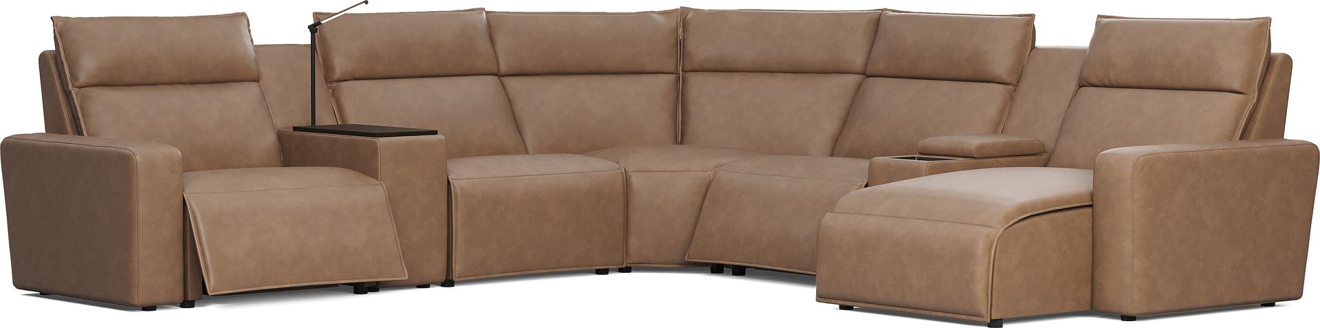 ModularTwo Saddle 7 Pc Dual Power Reclining Sectional with Media and Wood Top Consoles - Image 1