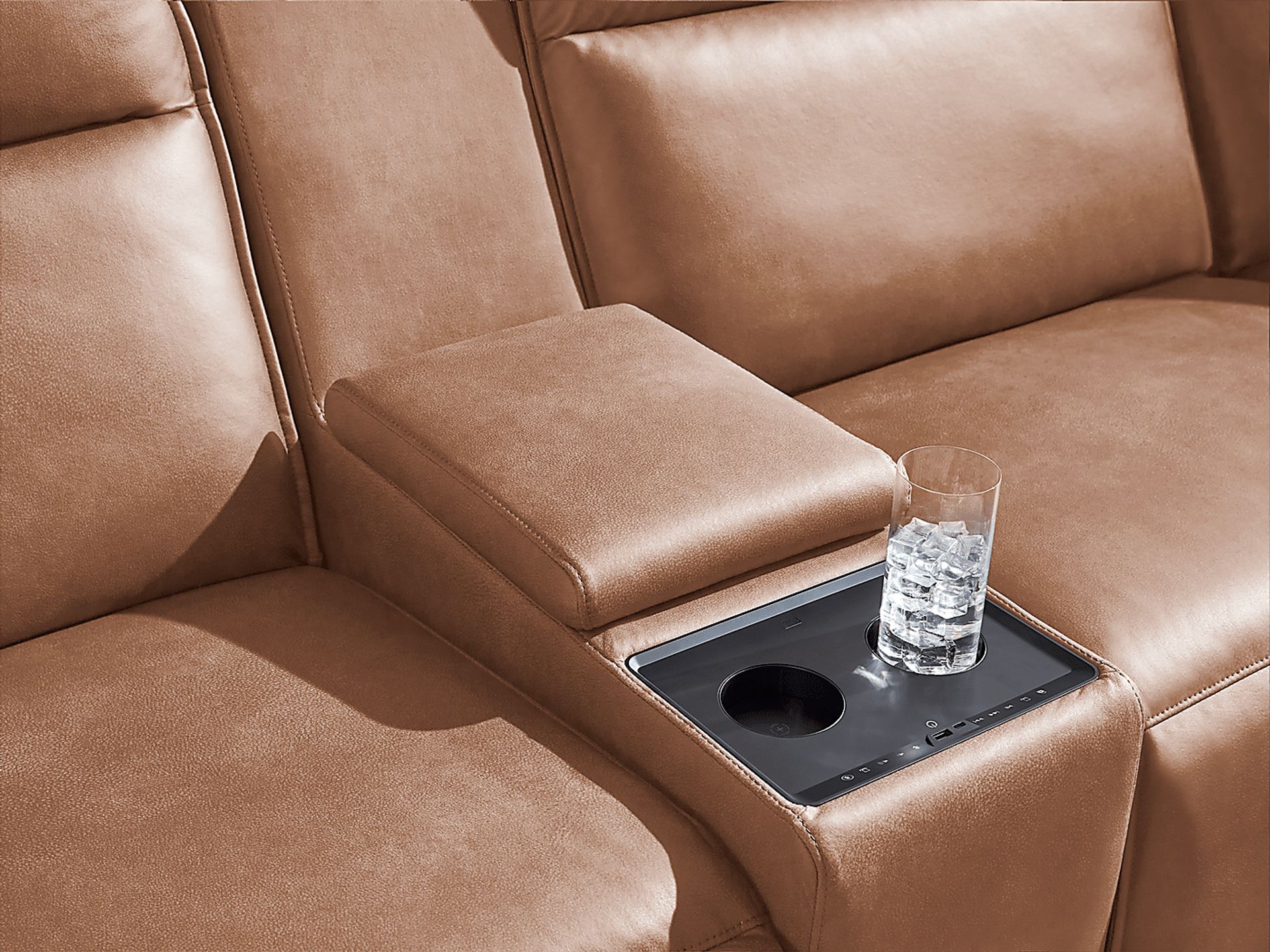 ModularTwo Saddle 7 Pc Dual Power Reclining Sectional with Media and Wood Top Consoles - Image 9