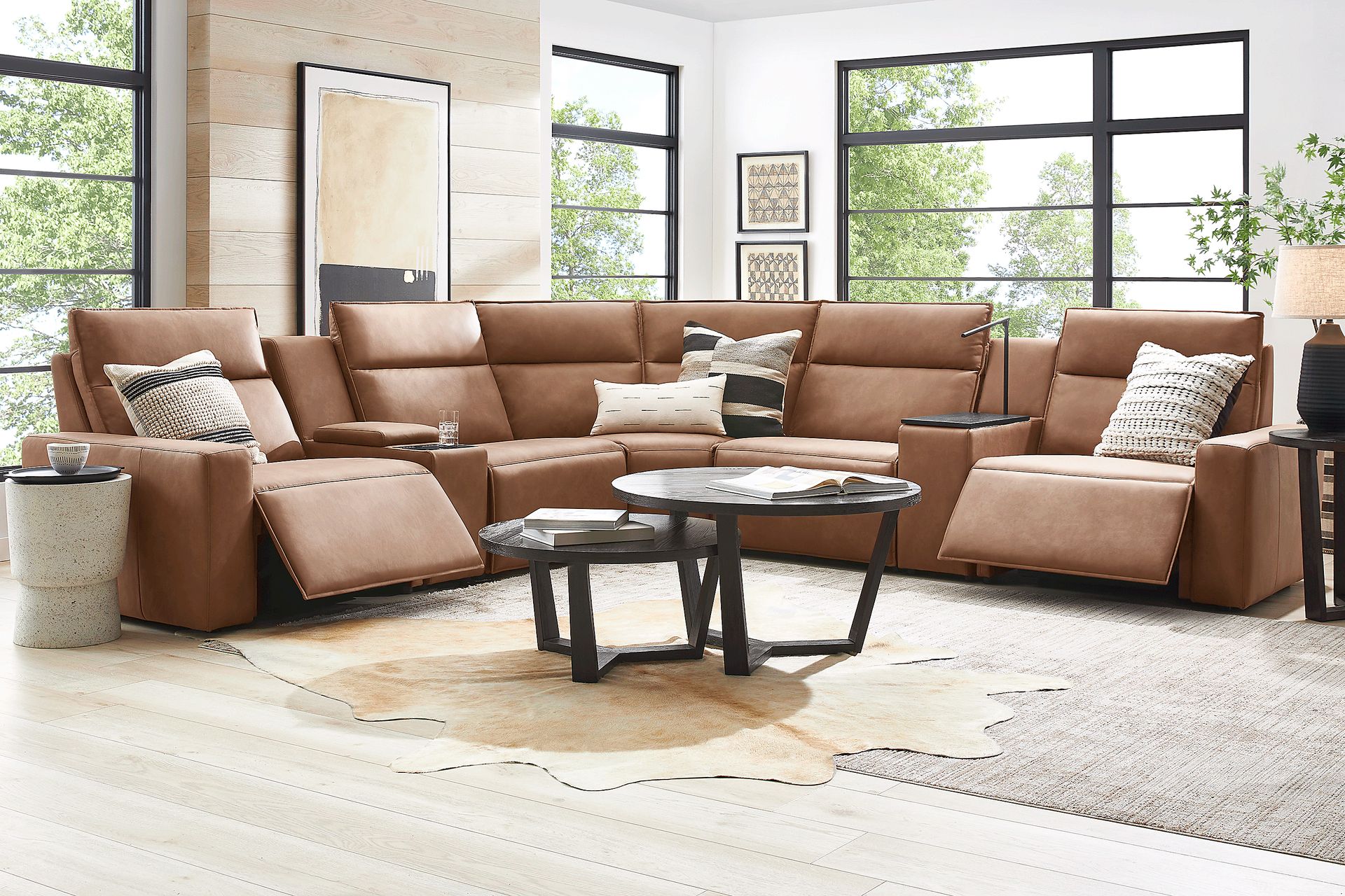 ModularTwo Saddle 7 Pc Dual Power Reclining Sectional with Media and Wood Top Consoles - Image 2