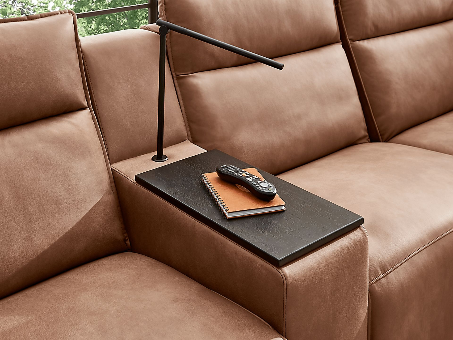 ModularTwo Saddle 7 Pc Dual Power Reclining Sectional with Media and Wood Top Consoles - Image 3