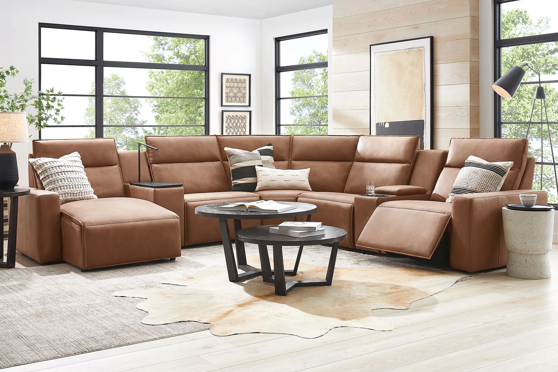ModularTwo Saddle 7 Pc Dual Power Reclining Sectional with Media and Wood Top Consoles - Image 2