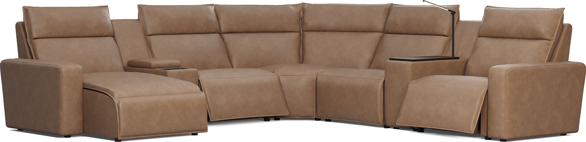ModularTwo Saddle 7 Pc Dual Power Reclining Sectional with Media and Wood Top Consoles - Image 1