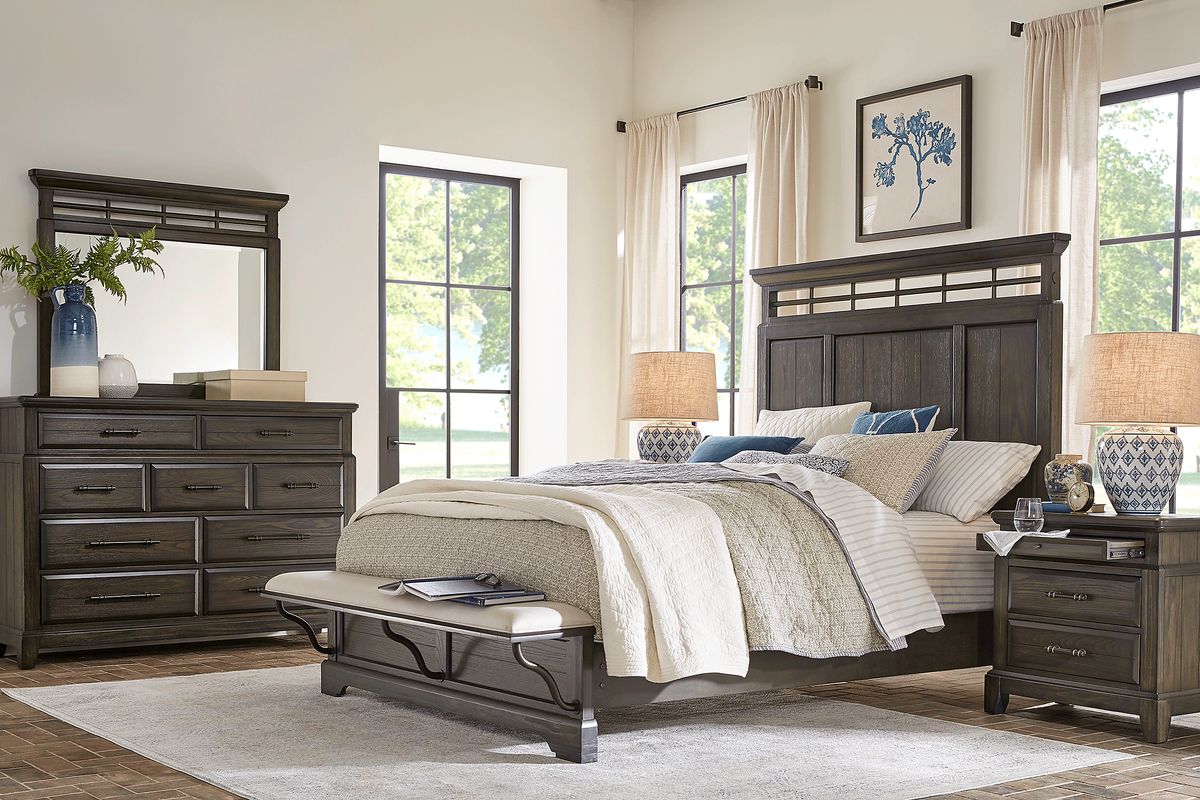Montana Ridge 5 Pc Brown Dark Wood Queen Bedroom Set With Mirror, 3 Pc ...