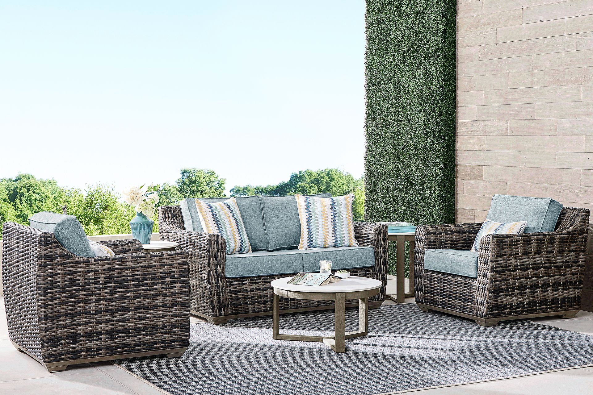 Montecello Gray 4 Pc Outdoor Loveseat Seating Set with Azure Cushions - Image 1