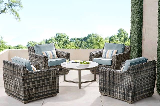 Montecello Gray 5 Pc Outdoor Chat Set with Azure Cushions - Thumbnail - Image 1