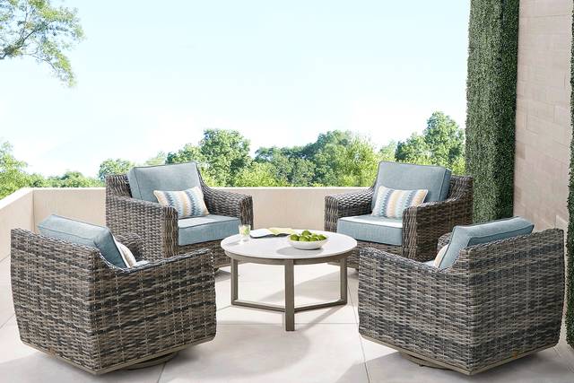 Montecello Gray 5 Pc Outdoor Swivel Chat Set with Azure Cushions - Thumbnail - Image 1