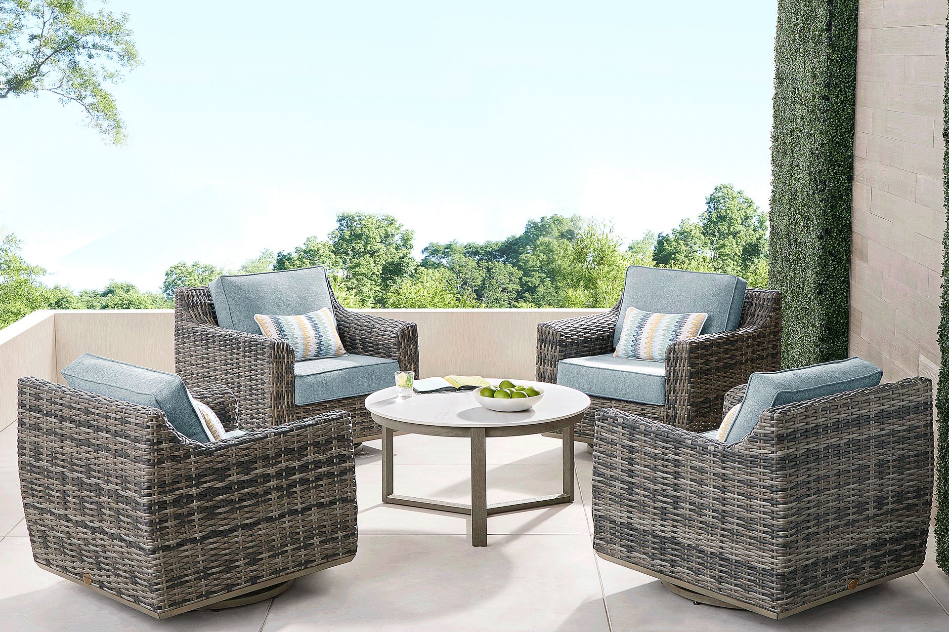 Montecello Gray 5 Pc Outdoor Swivel Chat Set with Azure Cushions - Image 1