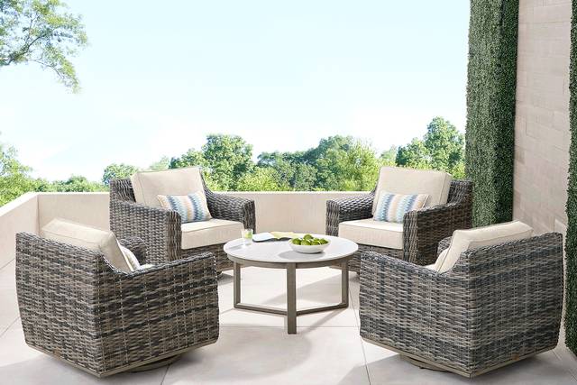 Montecello Gray 5 Pc Outdoor Swivel Chat Set with Twine Cushions - Thumbnail - Image 1