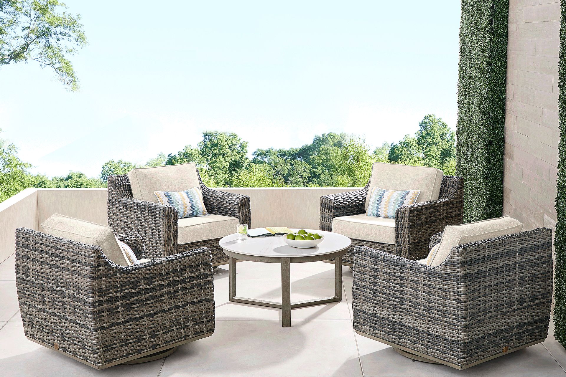 Montecello Gray 5 Pc Outdoor Swivel Chat Set with Twine Cushions - Image 1