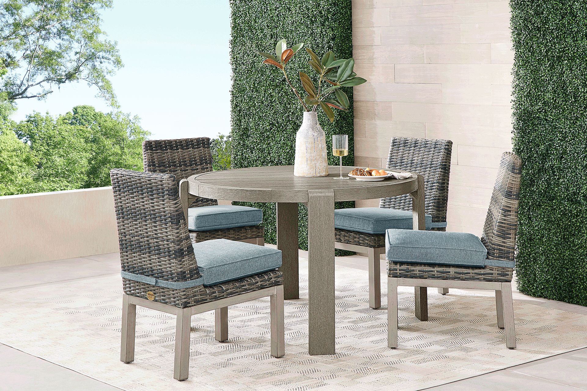 Montecello Gray 5 Pc Round Outdoor Dining Set with Azure Cushions - Image 1