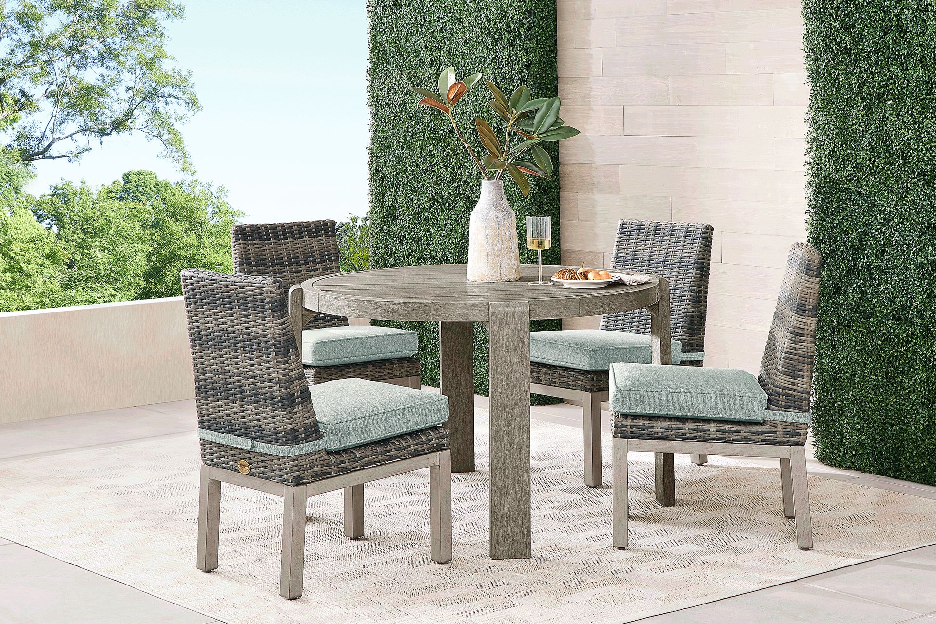 Montecello Gray 5 Pc Round Outdoor Dining Set with Mist Cushions - Image 1