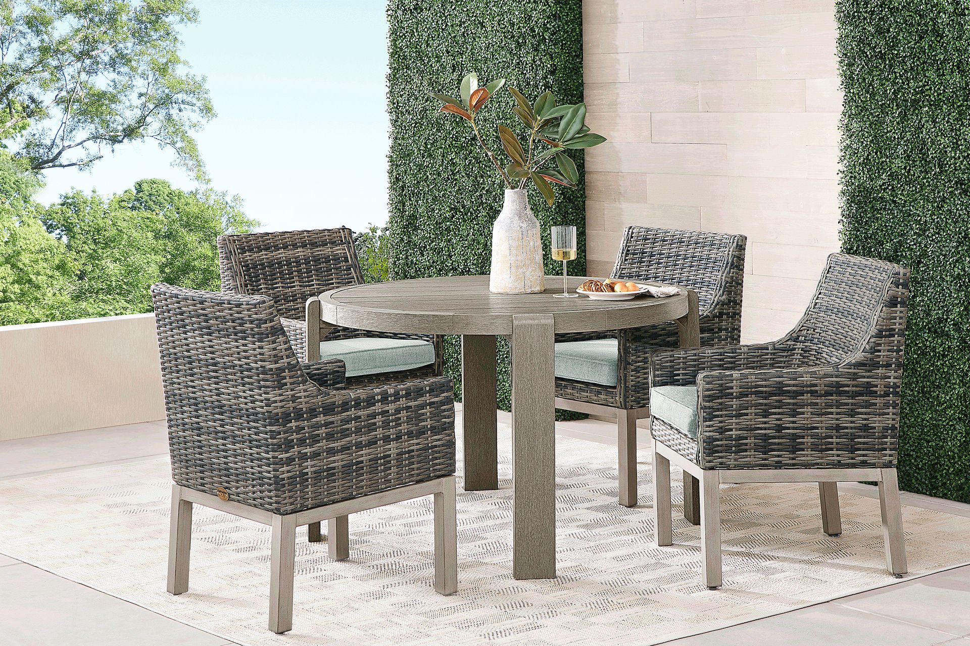 Montecello Gray 5 Pc Round Outdoor Dining Set with Mist Cushions - Image 1