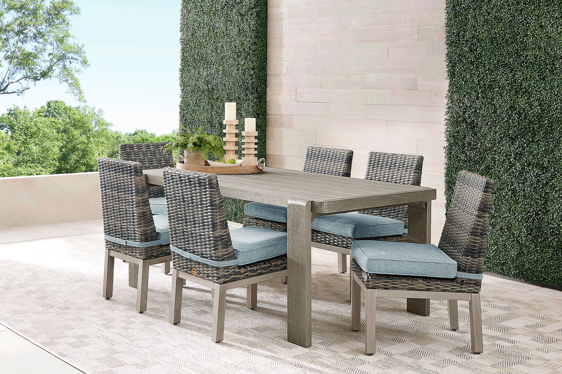 Montecello Gray 7 Pc Outdoor Dining Set with Azure Cushions - Image 1