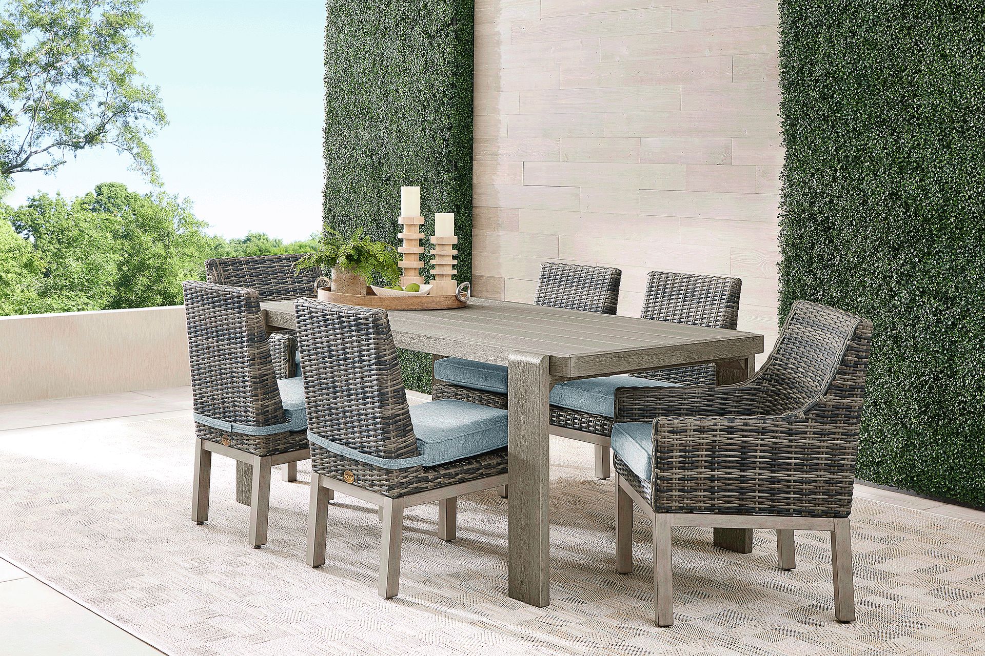Montecello Gray 7 Pc Outdoor Dining Set with Azure Cushions - Image 1