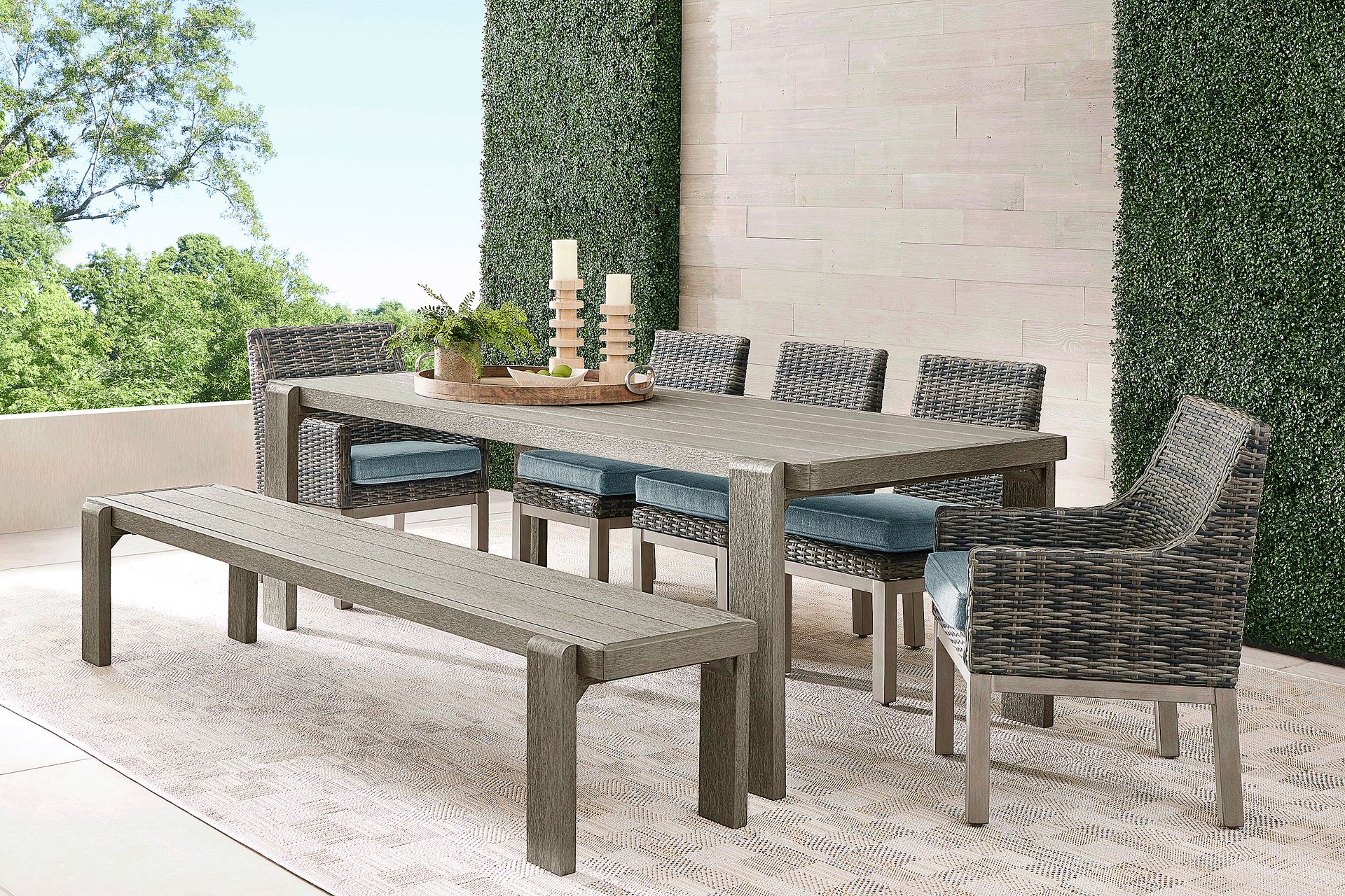 Montecello Gray 7 Pc Outdoor Dining Set with Azure Cushions - Image 1