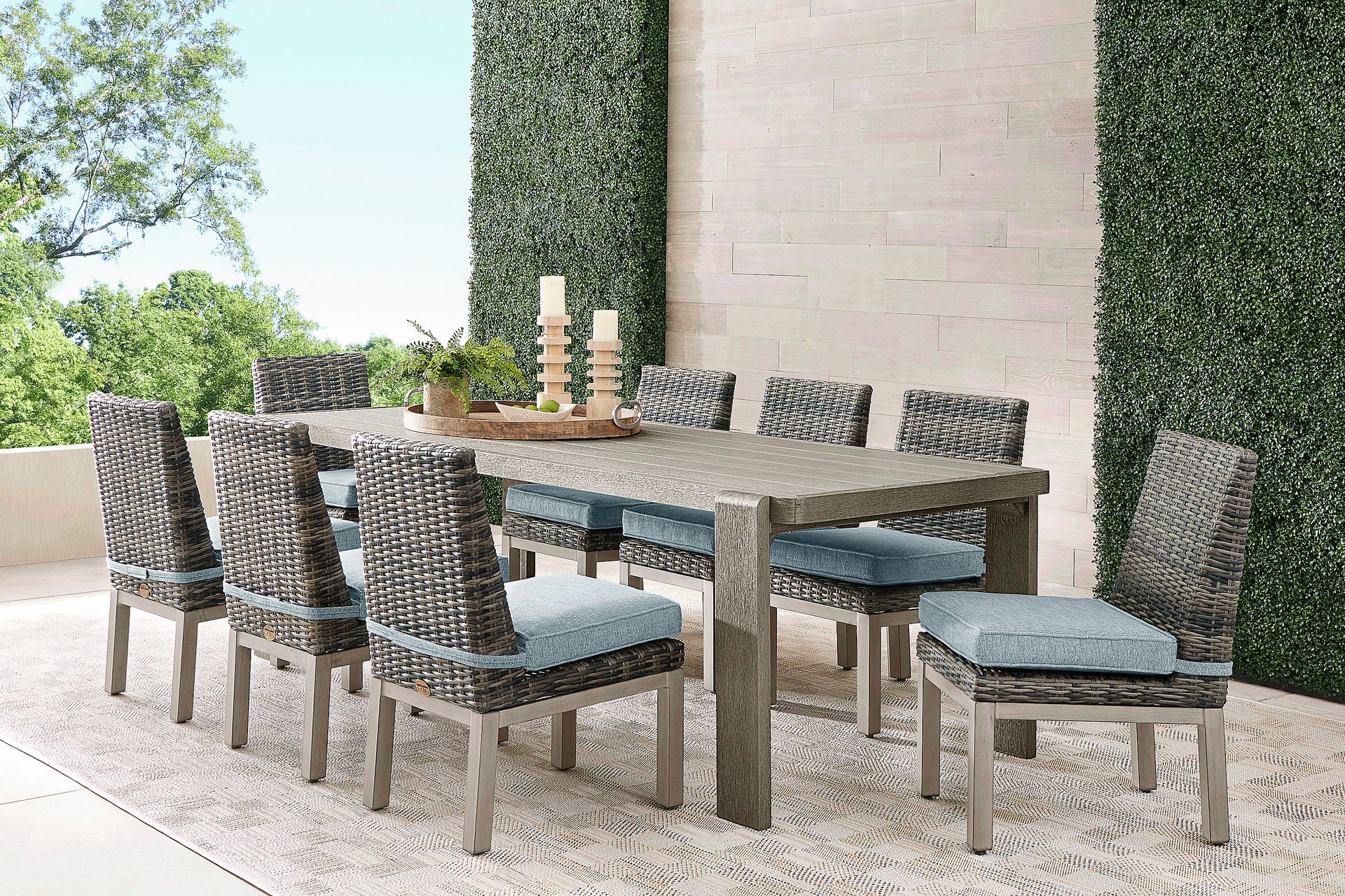 Montecello Gray 9 Pc Outdoor Dining Set with Azure Cushions - Image 1