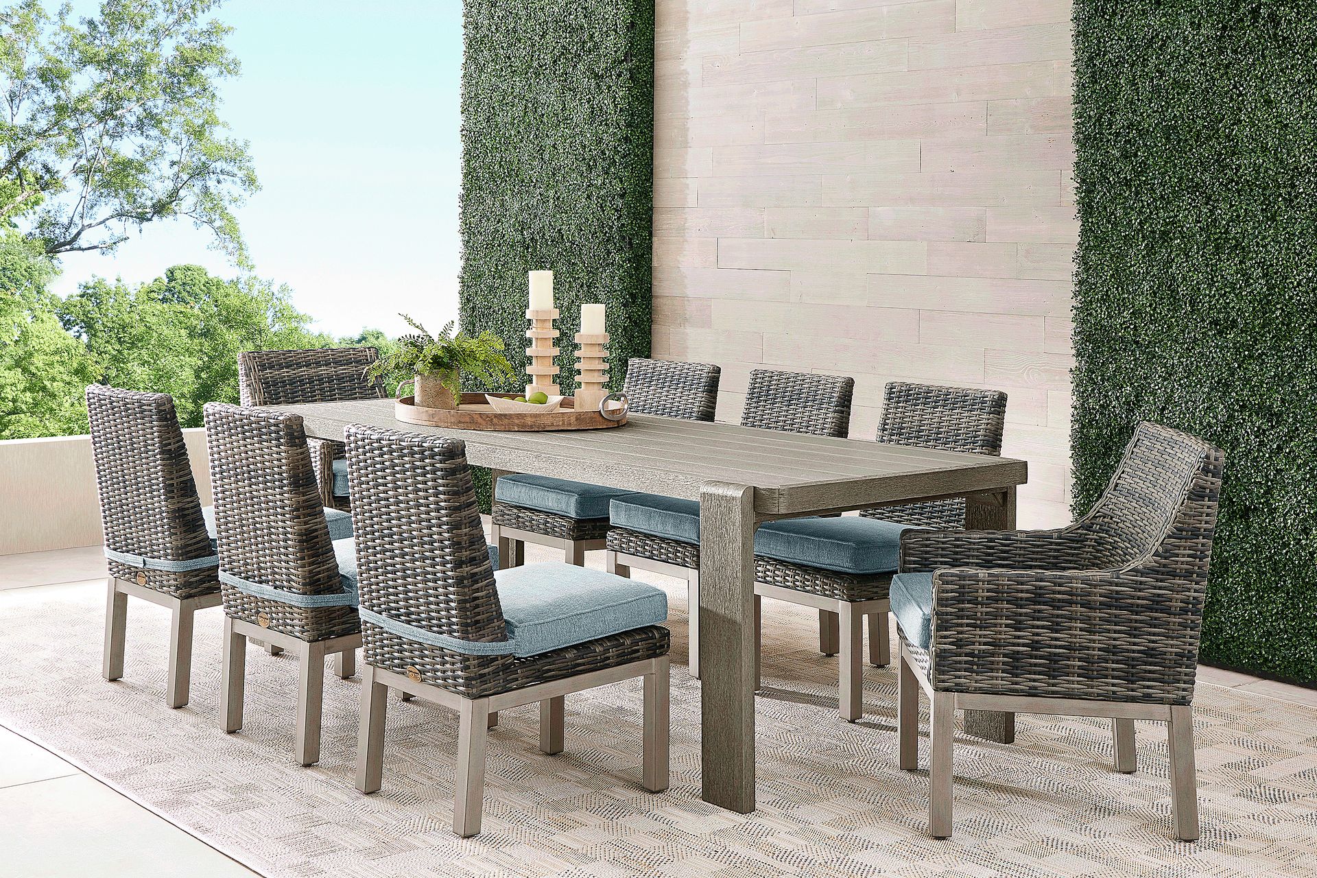 Montecello Gray 9 Pc Outdoor Dining Set with Azure Cushions - Image 1