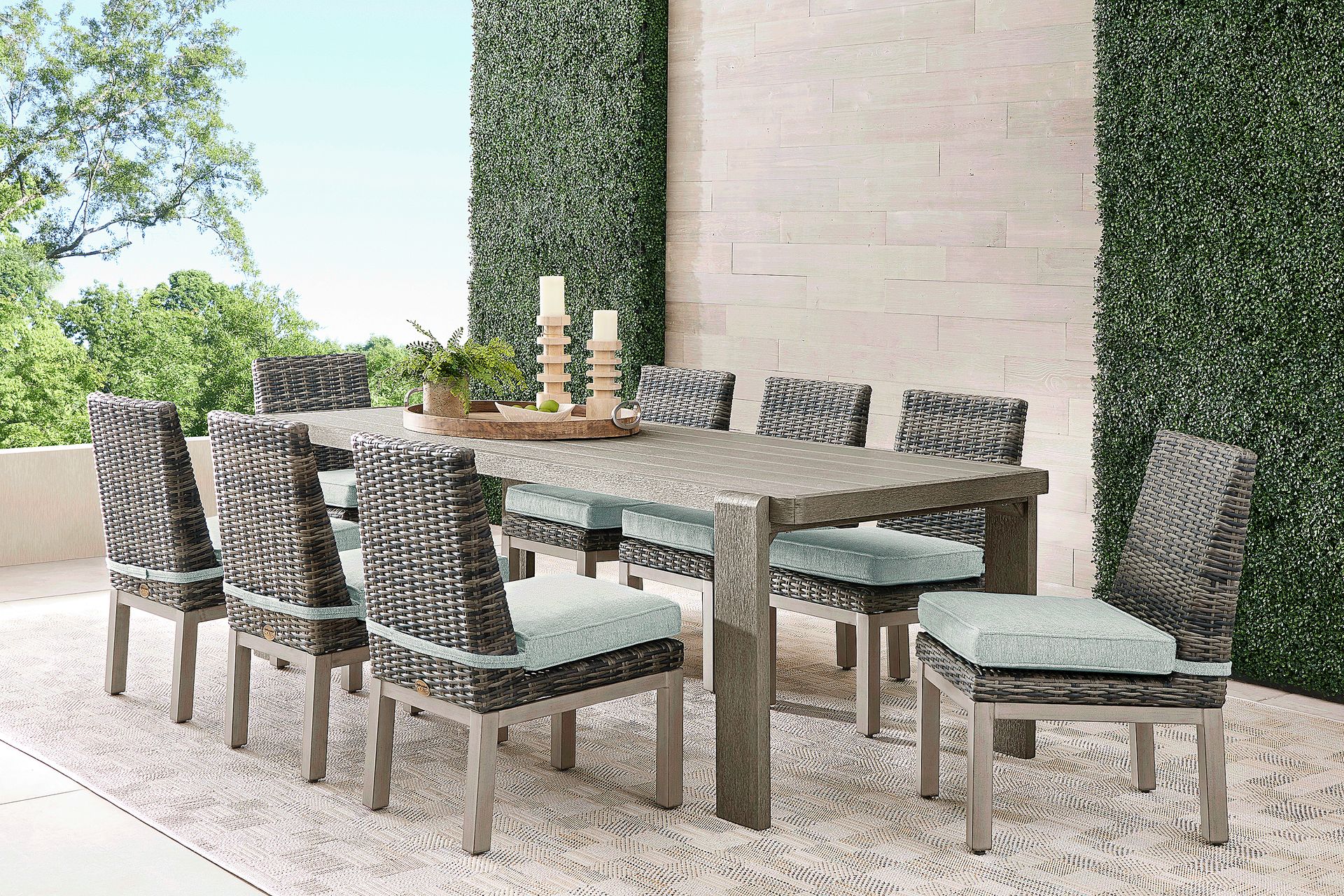 Montecello Gray 9 Pc Outdoor Dining Set with Mist Cushions - Image 1