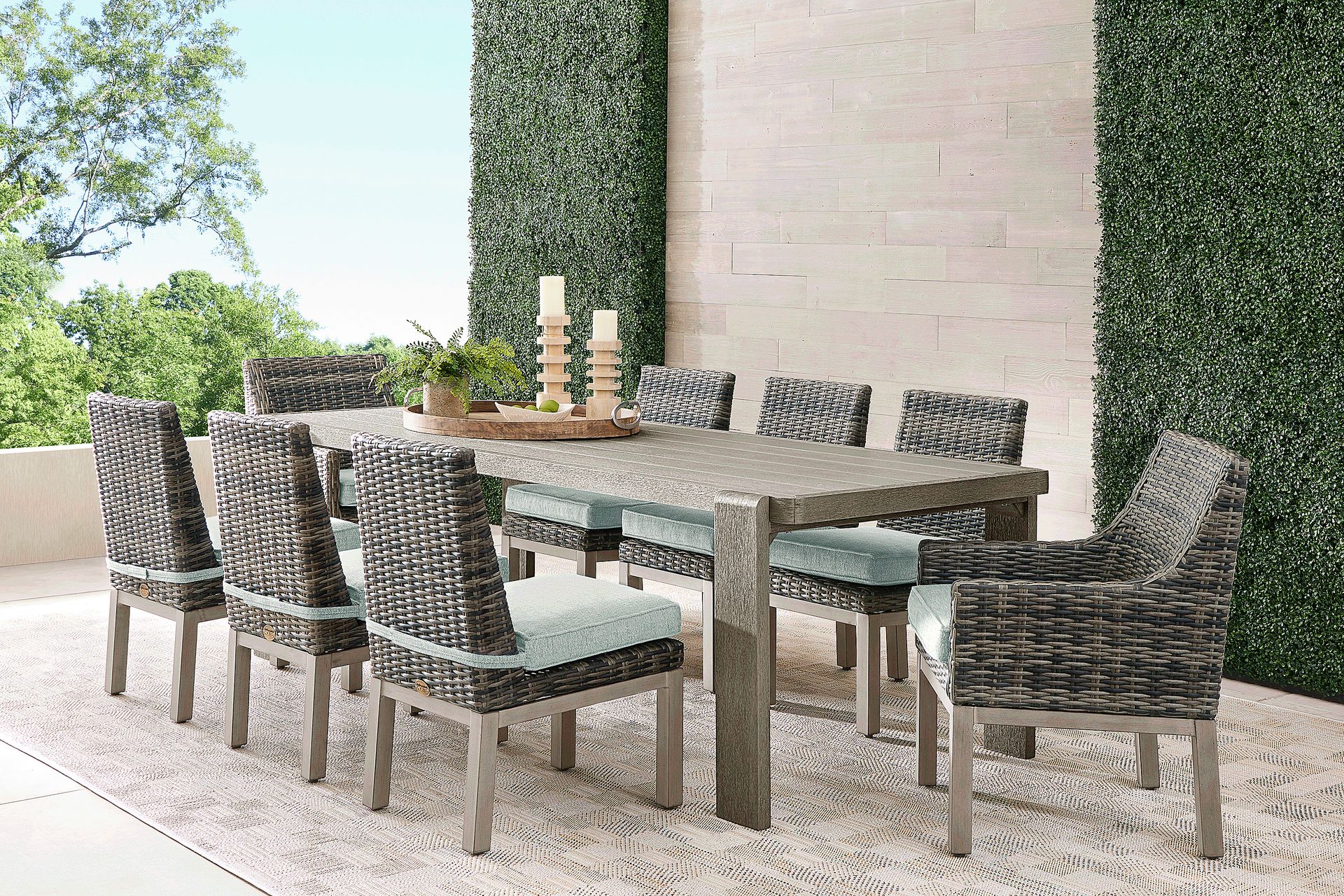 Montecello Gray 9 Pc Outdoor Dining Set with Mist Cushions - Image 1