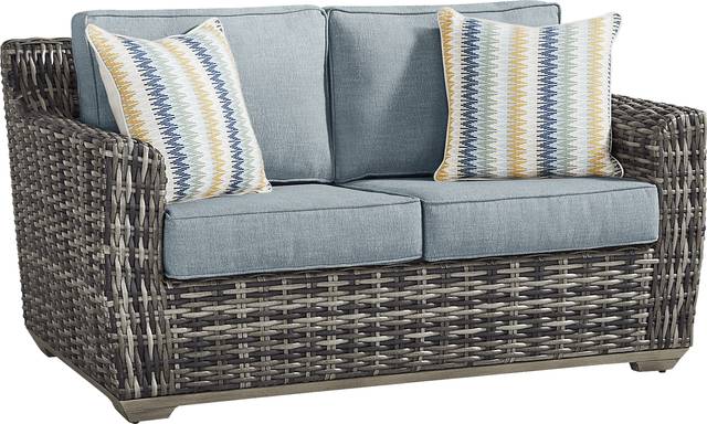 Montecello Gray 4 Pc Outdoor Loveseat Seating Set with Azure Cushions - Thumbnail - Image 3