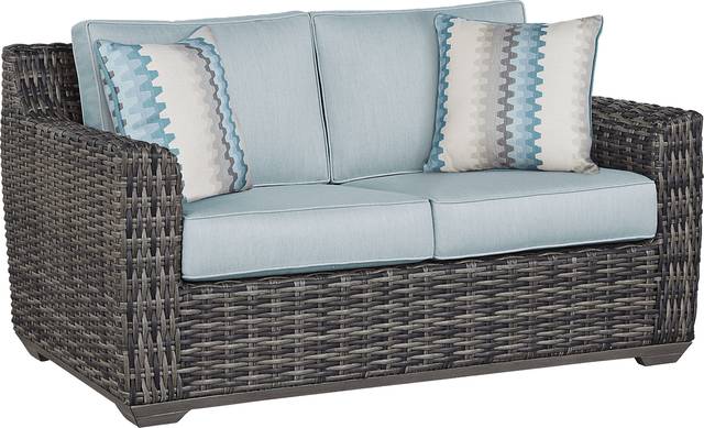 Montecello Gray Outdoor Loveseat with Mist Cushions - Thumbnail - Image 1