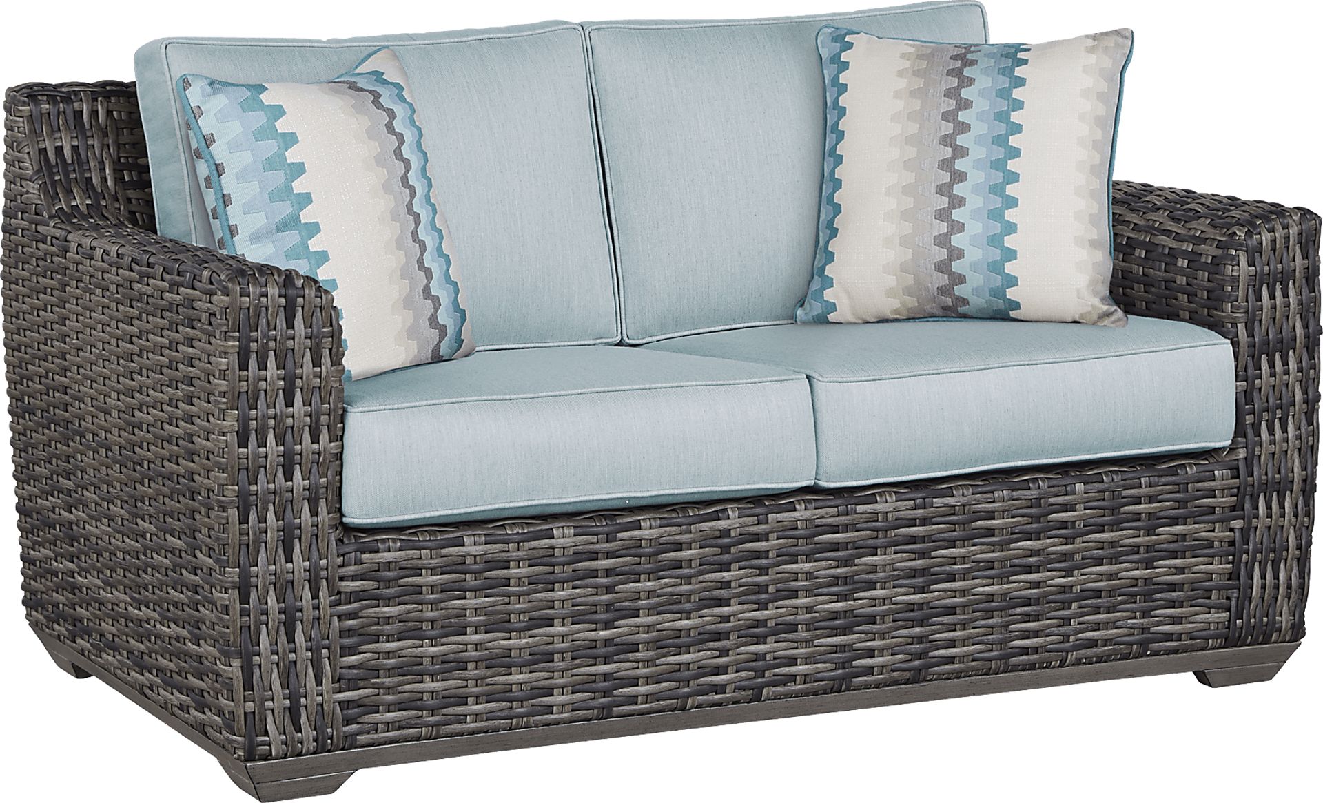 Montecello Gray Outdoor Loveseat with Mist Cushions - Image 1