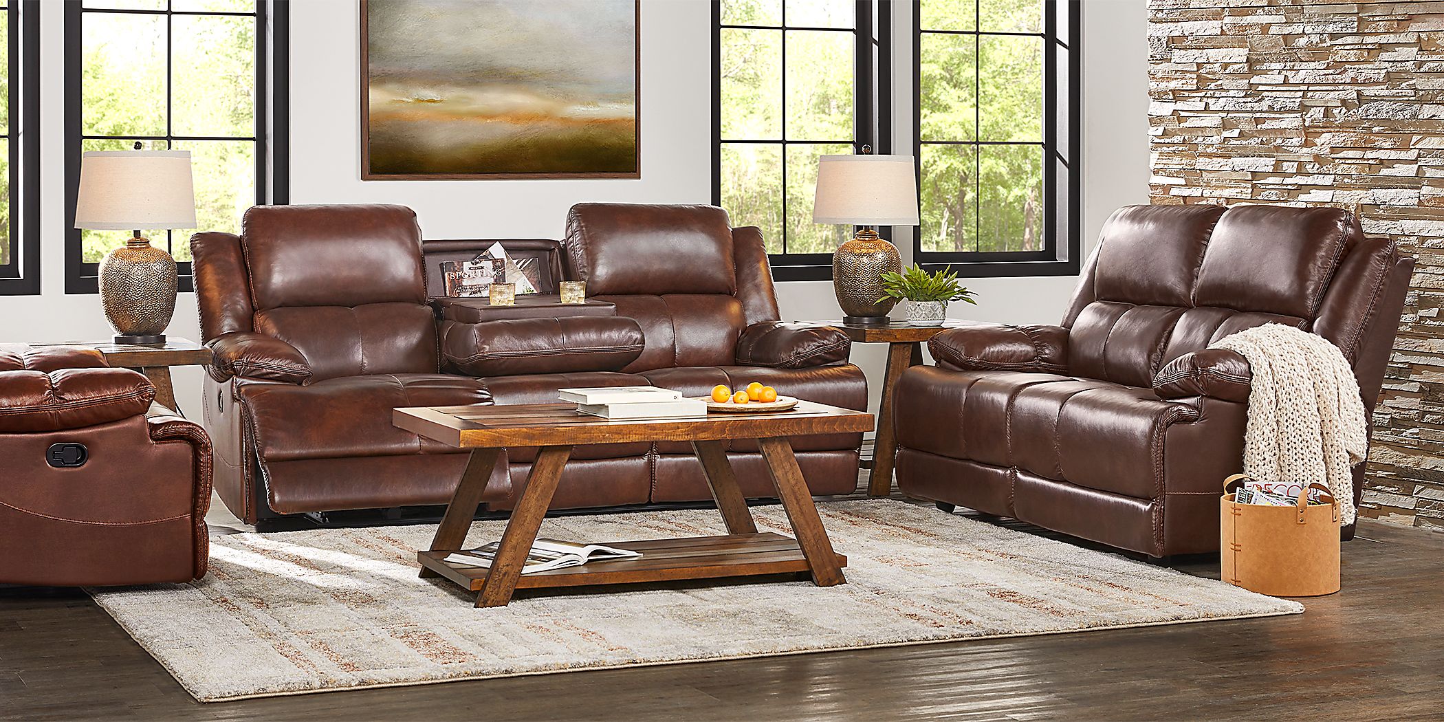 Brown leather reclining living deals room set