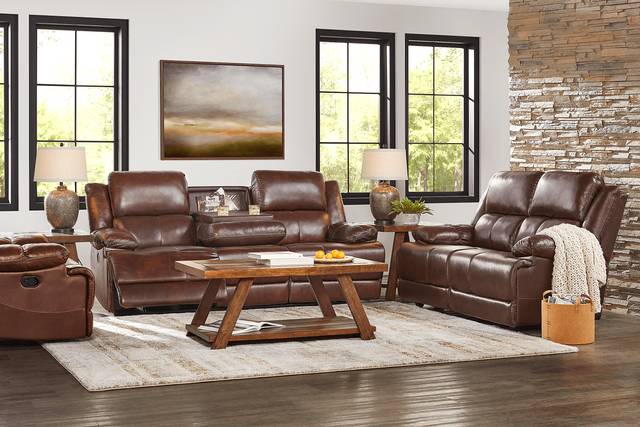 Montefano Brown Leather 7 Pc Living Room with Reclining Sofa - Thumbnail - Image 1