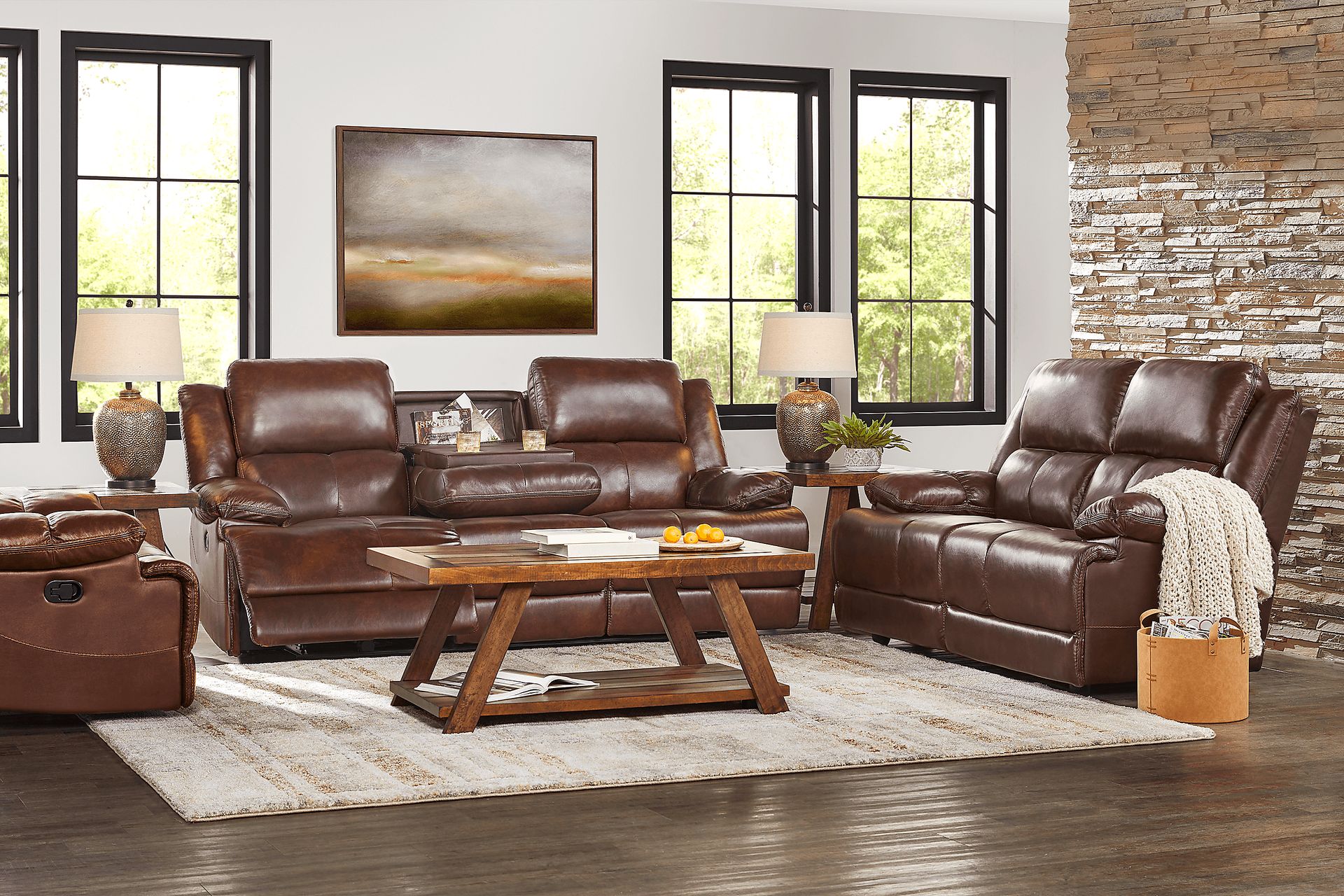Montefano Brown Leather 7 Pc Living Room with Reclining Sofa - Image 1